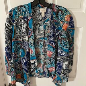 Chico's Teal Multi 100% Linen Paisley Print Open Front Cardigan Size medium